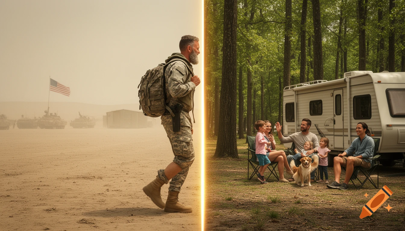 A photorealistic split image of a soldier walking from a desert military camp into a forest family camping scene, waving.
