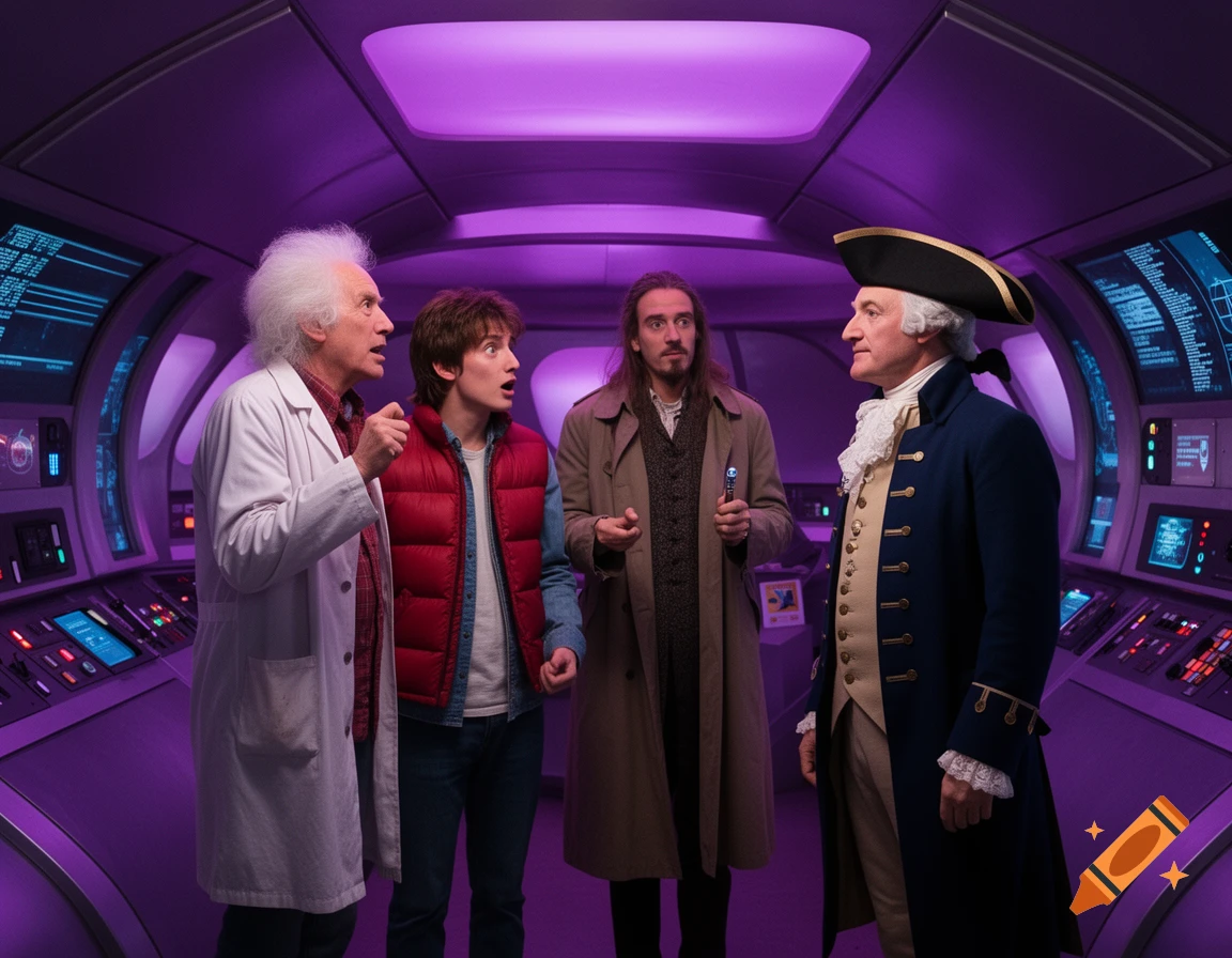 Doc Brown, Marty McFly, and Doctor Who stand with George Washington inside a purple-lit futuristic spaceship.
