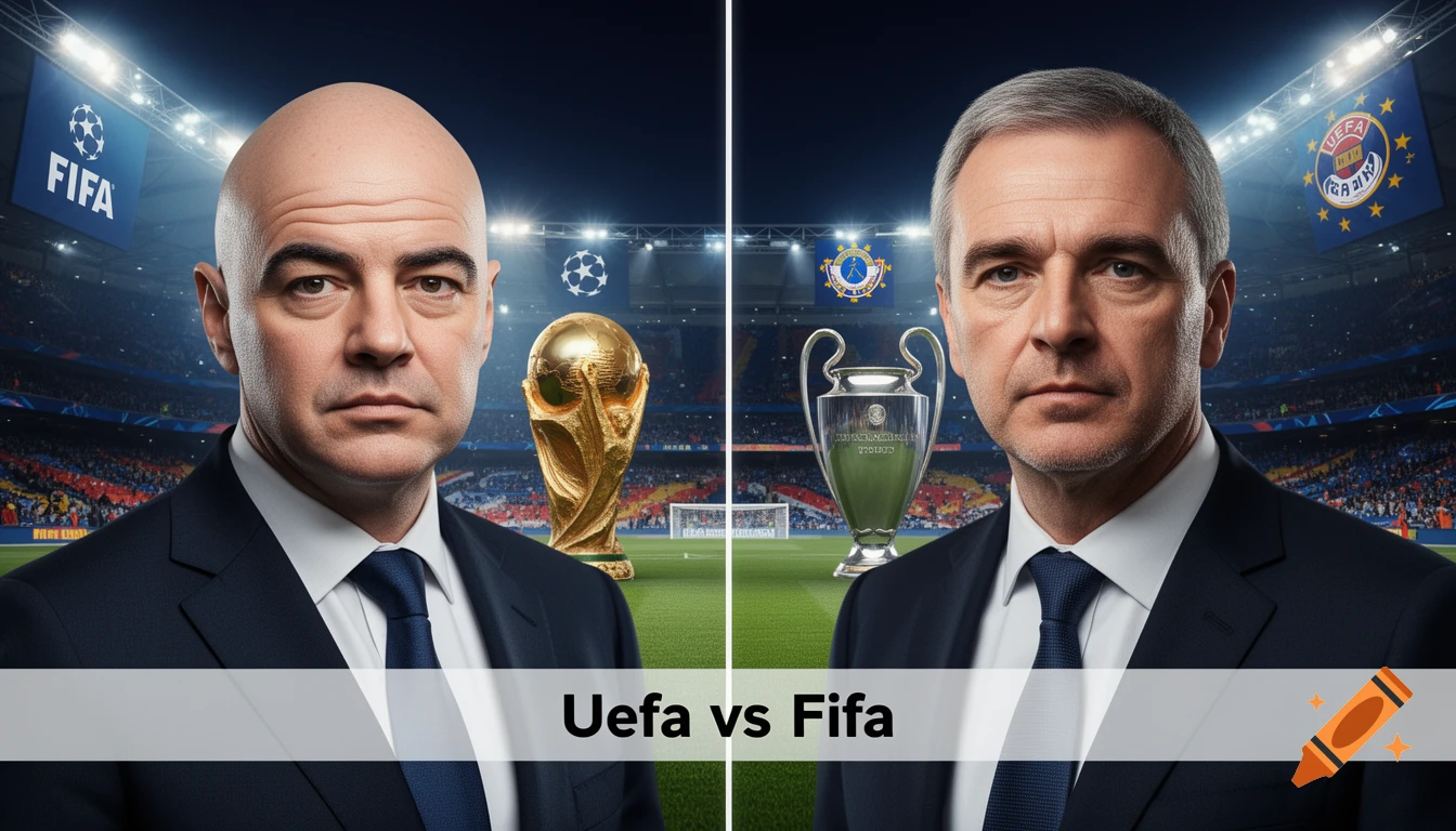 Split image featuring Gianni Infantino on the left with the FIFA World Cup trophy and a FIFA banner, and Aleksander Čeferin on the right with the Champions League trophy and a UEFA banner. A text bar at the bottom reads "Uefa vs Fifa".