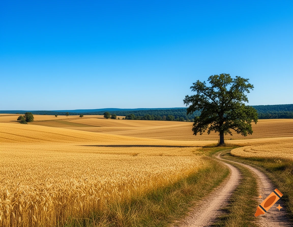 A winding dirt road passes through golden wheat fields under a clear blue sky, leading to a large solitary tree.
