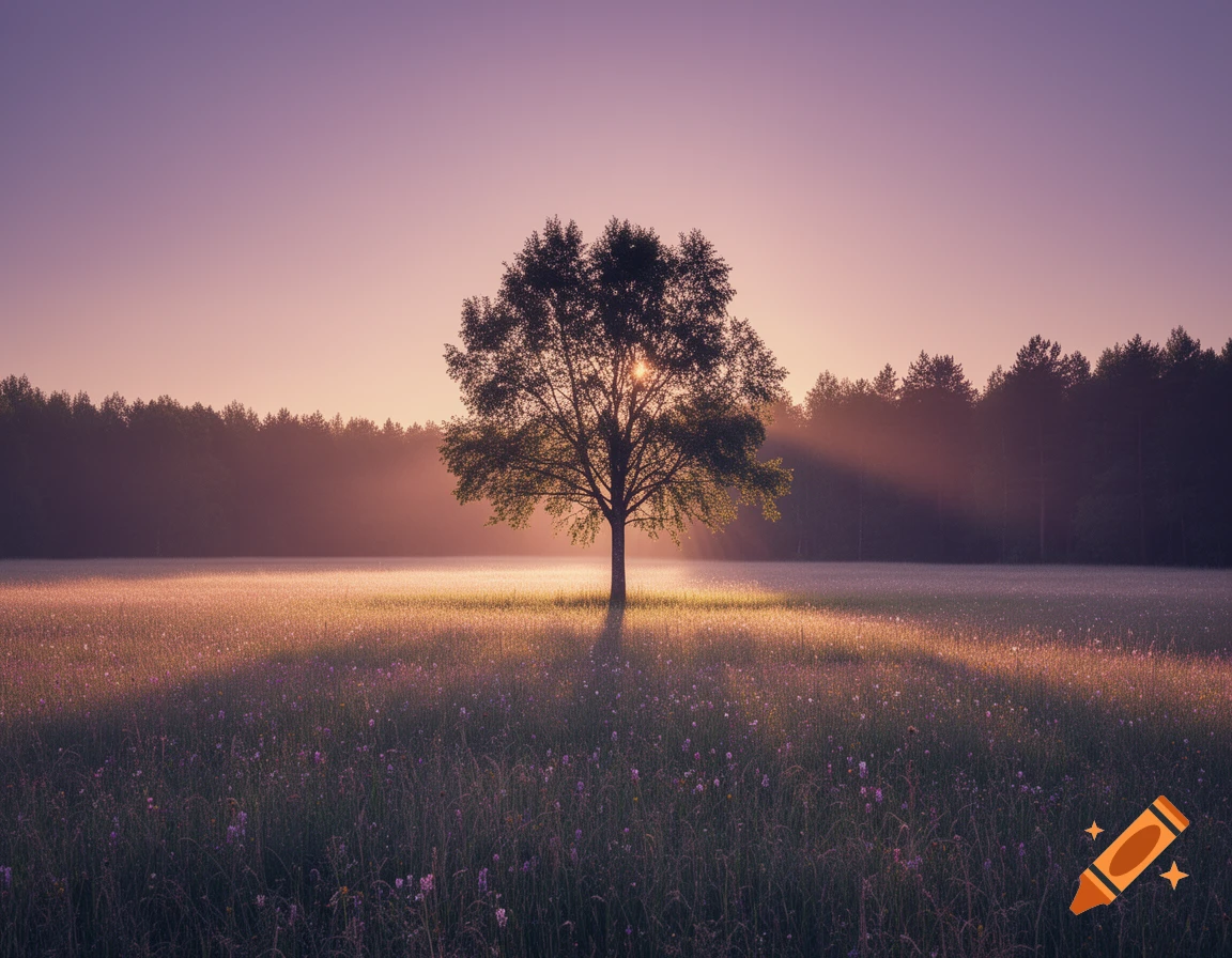 Lone tree in a misty, grassy field at sunrise, with light rays breaking through its leaves, backed by a dark forest, photorealistic.