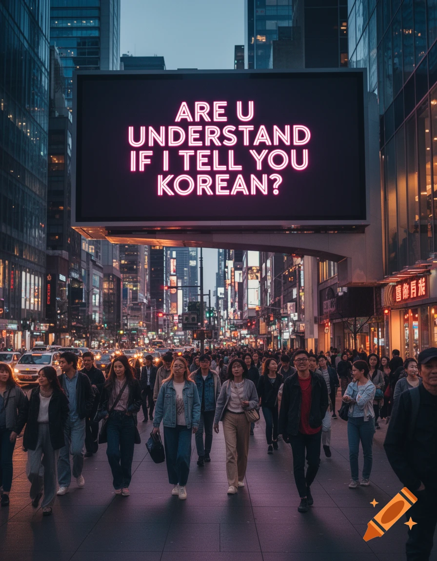 A bustling city street at dusk, filled with a crowd of people walking beneath a large, glowing pink neon billboard displaying text.
