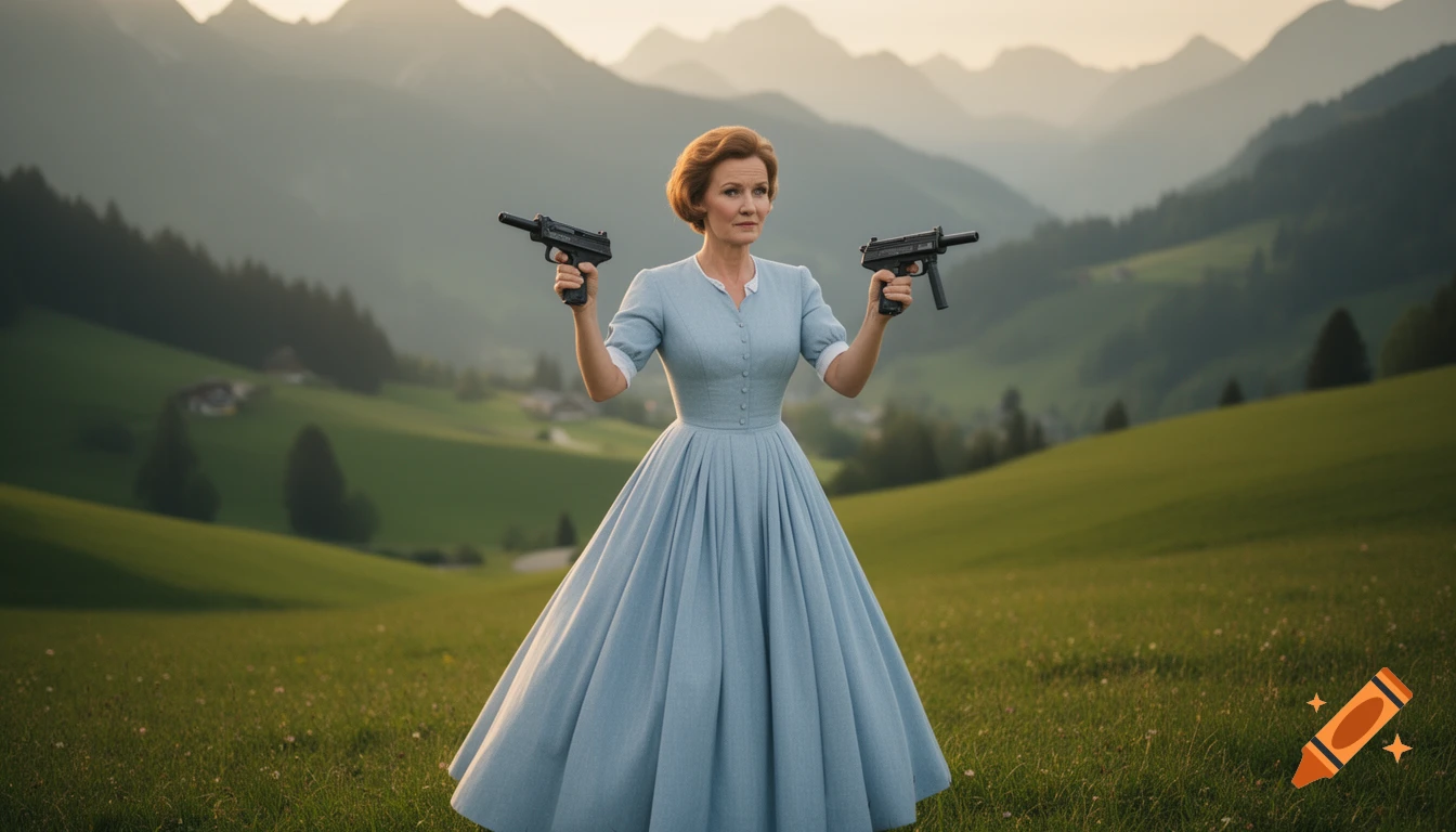 A woman in a blue dress stands in a grassy field with mountains in the background, holding a submachine gun in each hand.