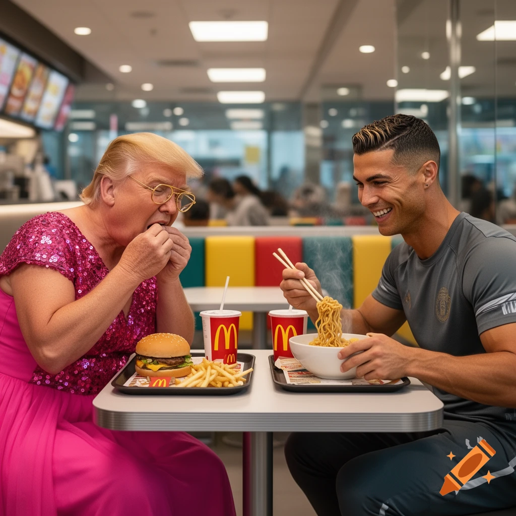 Photorealistic image of Donald Trump in a pink dress eating a McDonald's burger and fries next to Cristiano Ronaldo eating noodles.