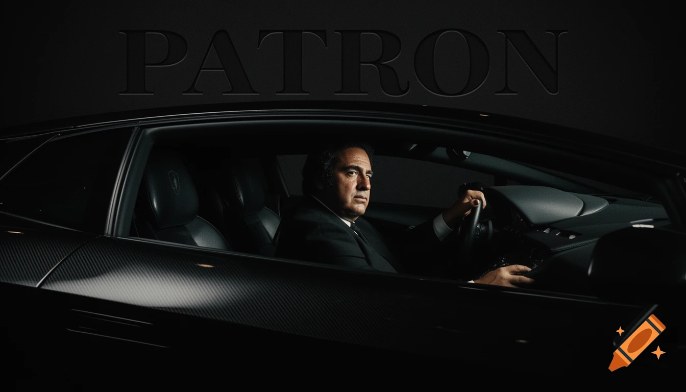 A man in a dark suit sits in a luxury car, holding the steering wheel, with the word "PATRON" embossed above.
