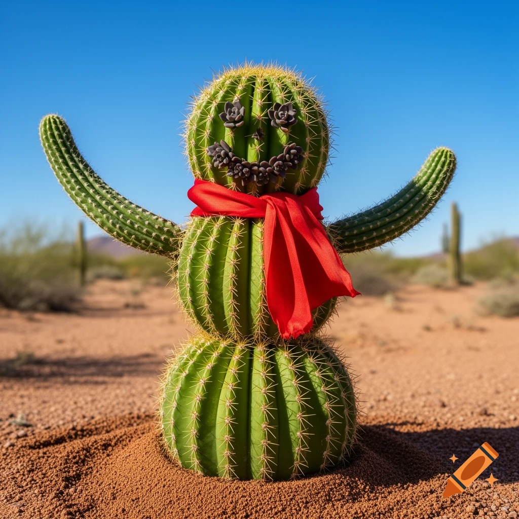 A cheerful snowman made of three stacked cacti with cactus arms, wearing a red scarf, and a face made of succulents, standing in a desert under a clear blue sky.