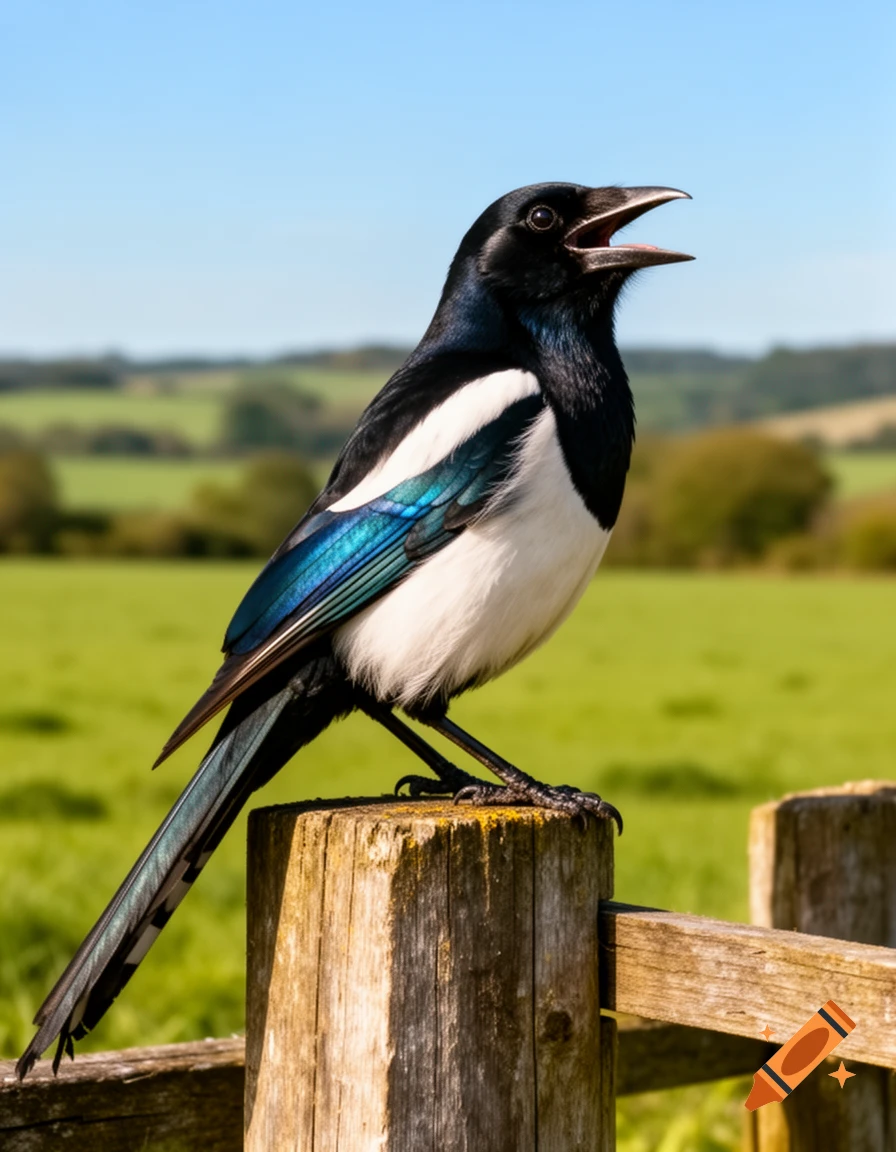 Black and white magpie with iridescent blue wing feathers perched on a wooden fence post, beak open, against a green field and blue sky.