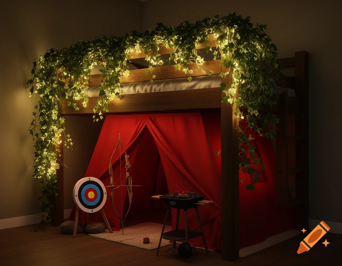 Photorealistic image of a jungle campsite themed loft bed with a red tent, archery target, grill, and glowing ivy vines.