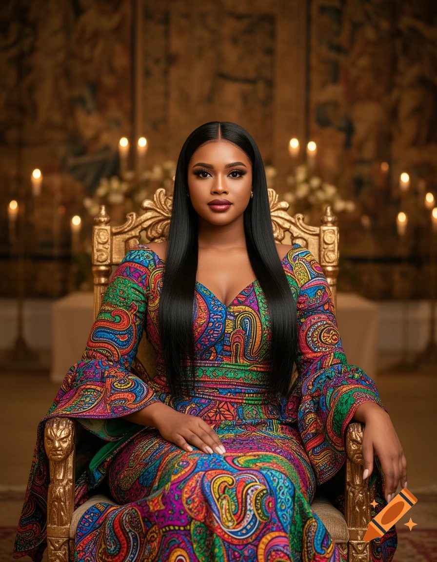 A photorealistic portrait of a woman with long black hair, wearing a vibrant, colorful patterned dress, sitting on a golden ornate chair in a candlelit room.
