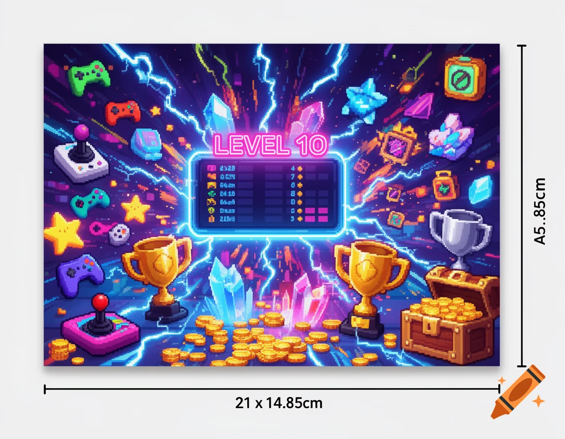 A vibrant pixel art gaming scene with "LEVEL 10" glowing, trophies, coins, crystals, game controllers, and a scoreboard against an electric purple background.