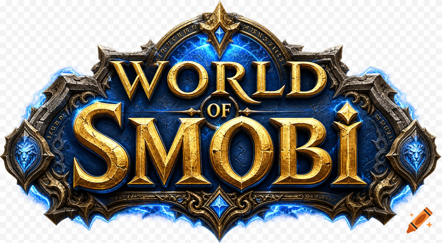 Ornate fantasy game logo for 'World of Smobi' with golden sculpted text, blue glowing contours, and a detailed stone and metal frame.