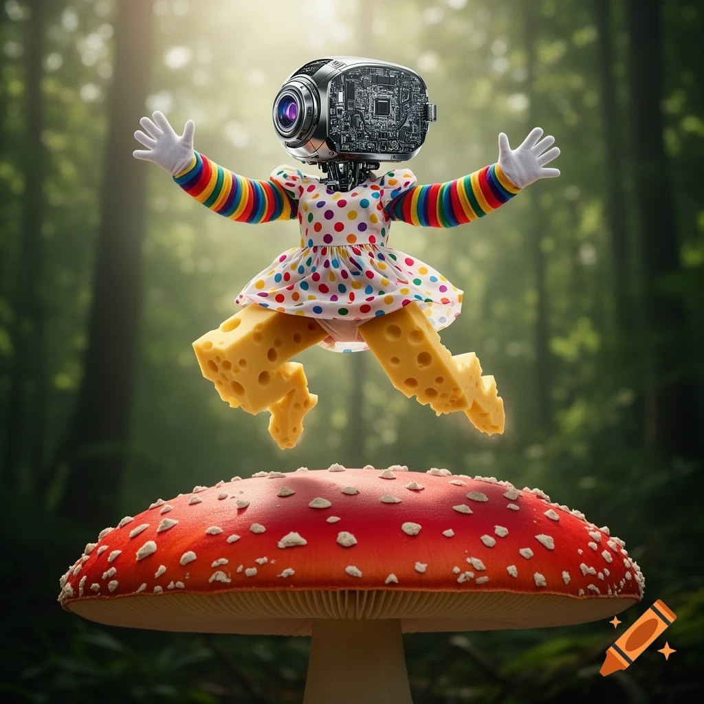 A surreal creature with a robot head, a polka-dot dress, and Swiss cheese legs jumps over a red mushroom in a forest, photorealistic.