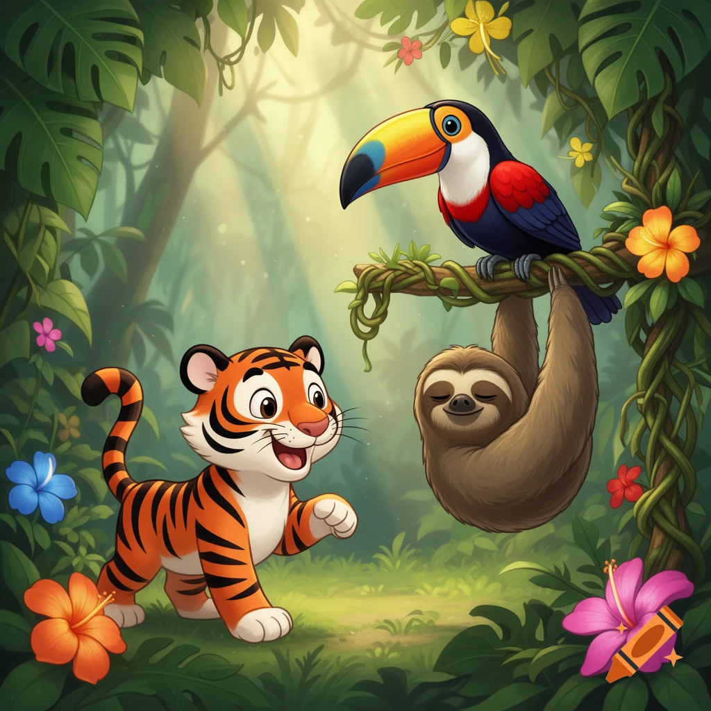 A happy cartoon tiger, a toucan on a branch, and a sloth hanging in a lush jungle with colorful flowers.