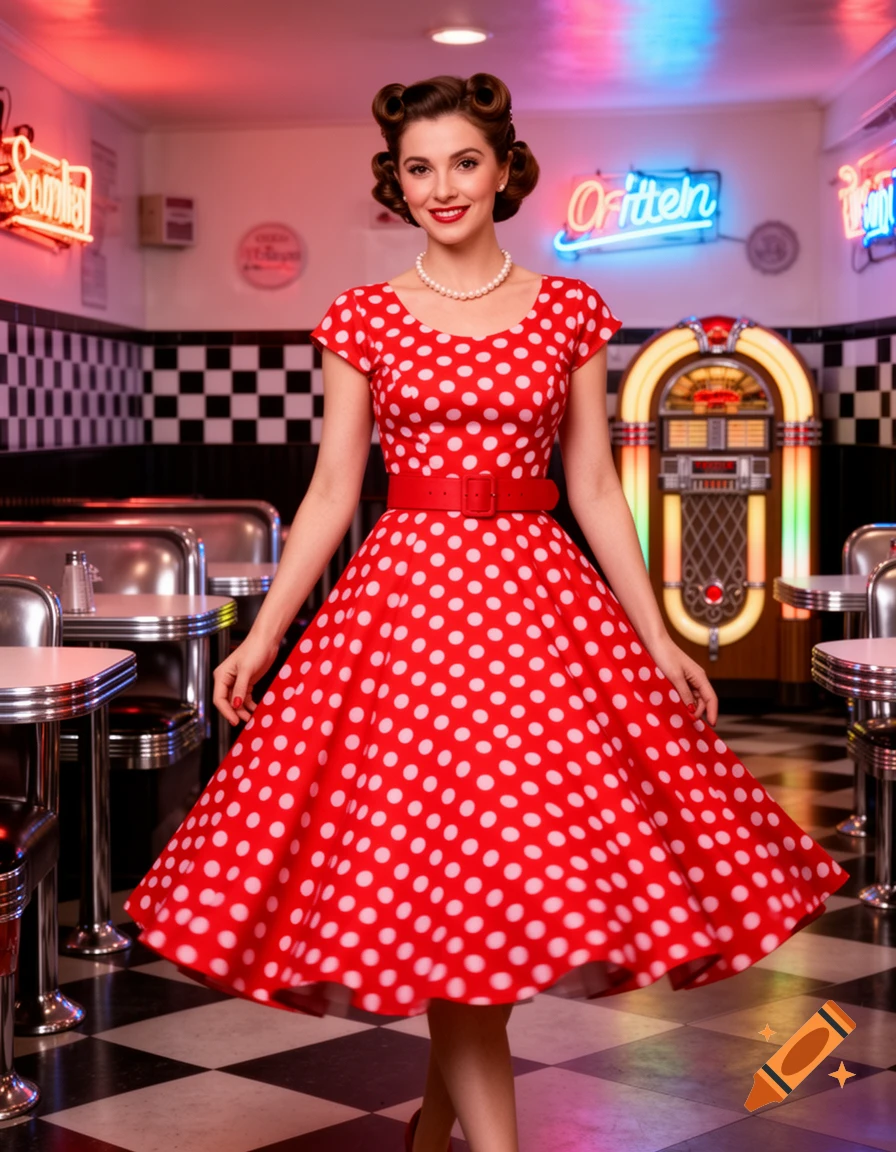A smiling woman in a red polka dot 1950s dress and pearl necklace poses in a retro diner with neon signs and a jukebox.
