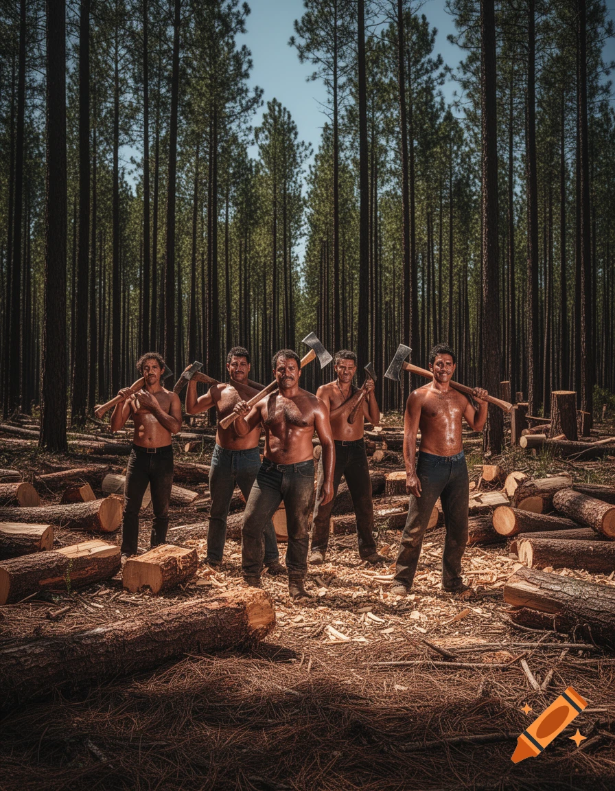 Five shirtless woodcutters with axes stand among cut logs in a pine forest, a photorealistic image.