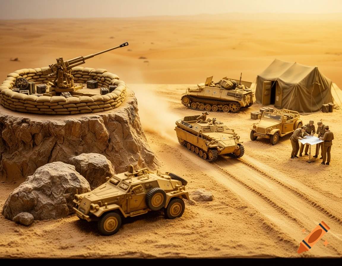 High-detail photorealistic diorama of WWII German Afrika Korps military vehicles and soldiers in a North African desert landscape.