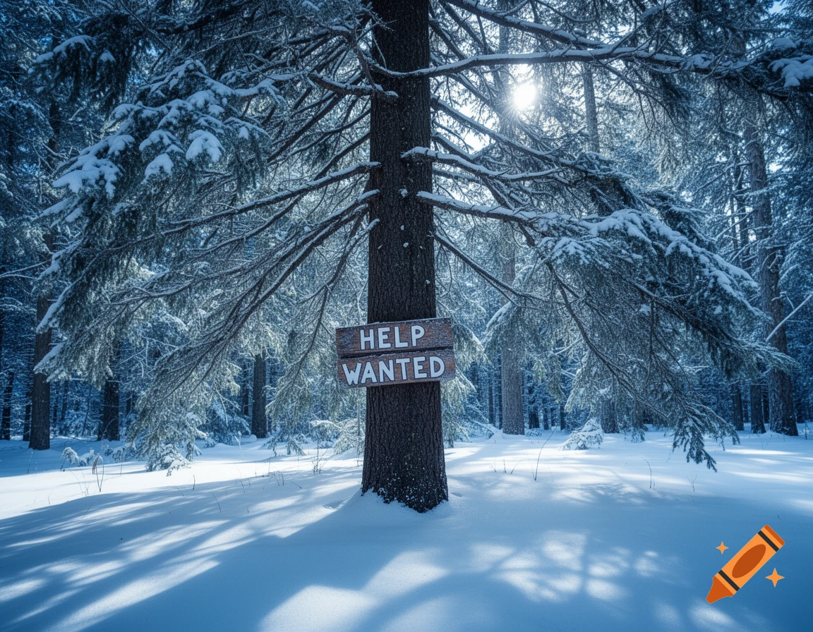A 'HELP WANTED' sign is nailed to a large tree in a sunlit, snow-covered winter forest, with evergreens in the background.