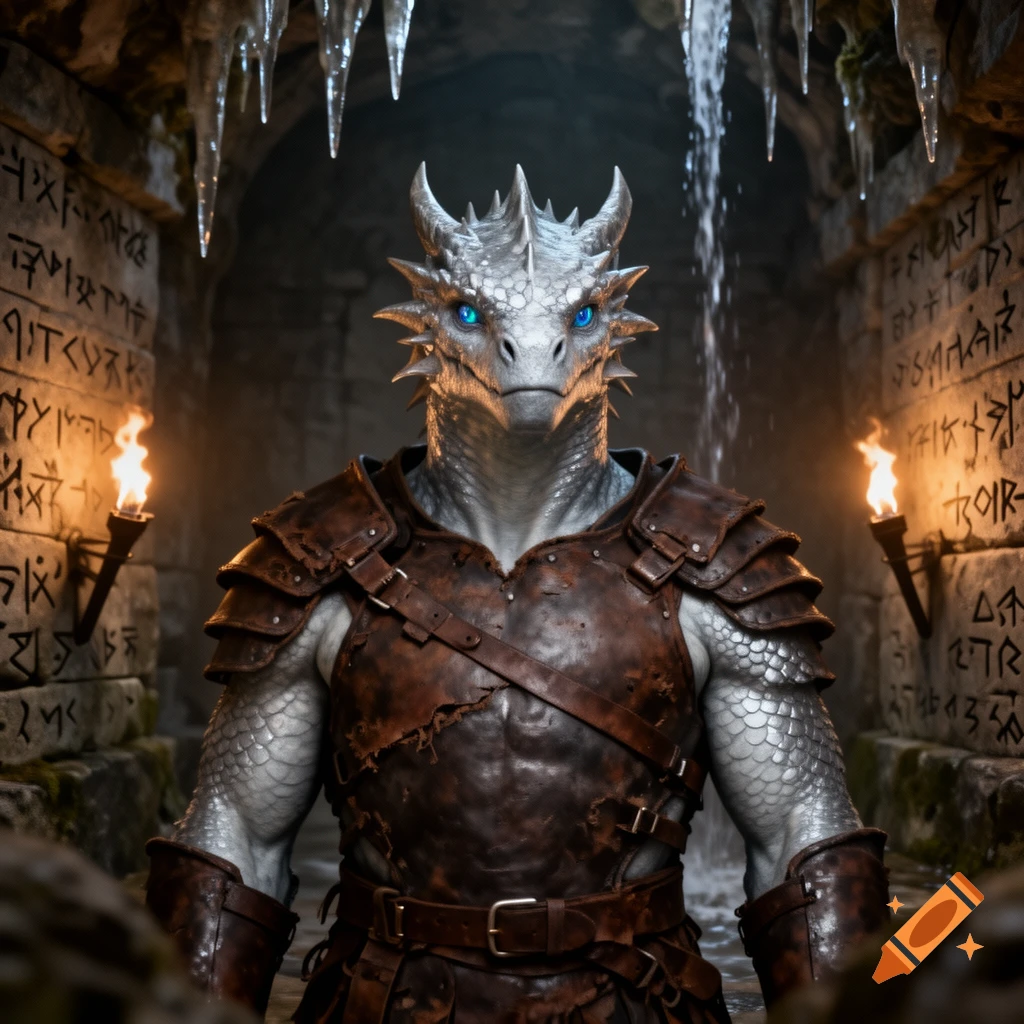 A silver dragonborn male in leather armor stands in a torchlit cave with icy stalactites and carved walls.