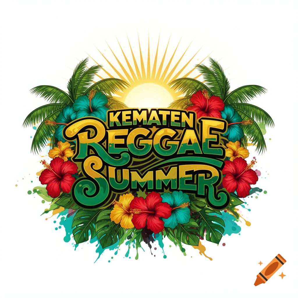 A colorful logo with 'KEMATEN REGGAE SUMMER' in bold green and yellow letters, surrounded by palm trees, hibiscus flowers, and a sunburst.