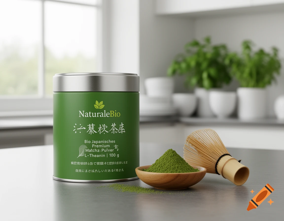 Photorealistic image of a green matcha tea tin, a small wooden bowl with a pile of matcha powder, and a bamboo whisk on a kitchen counter.