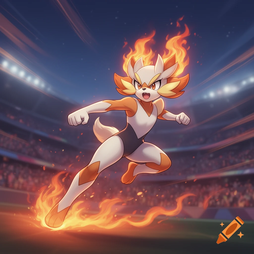 Anime Cinderace running across a stadium field at night, surrounded by fire.