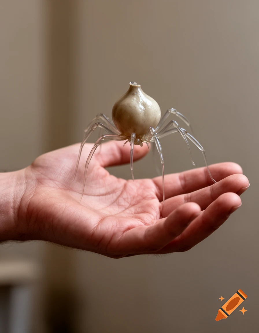A human hand holds a delicate, spider-like creature with a bulbous beige body and translucent legs.