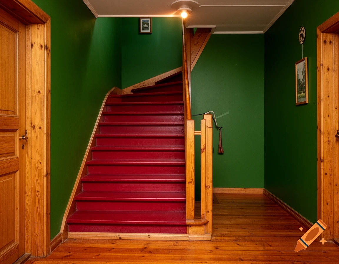 A winding red staircase in a house with dark green walls and polished wooden floors, next to a wooden door.