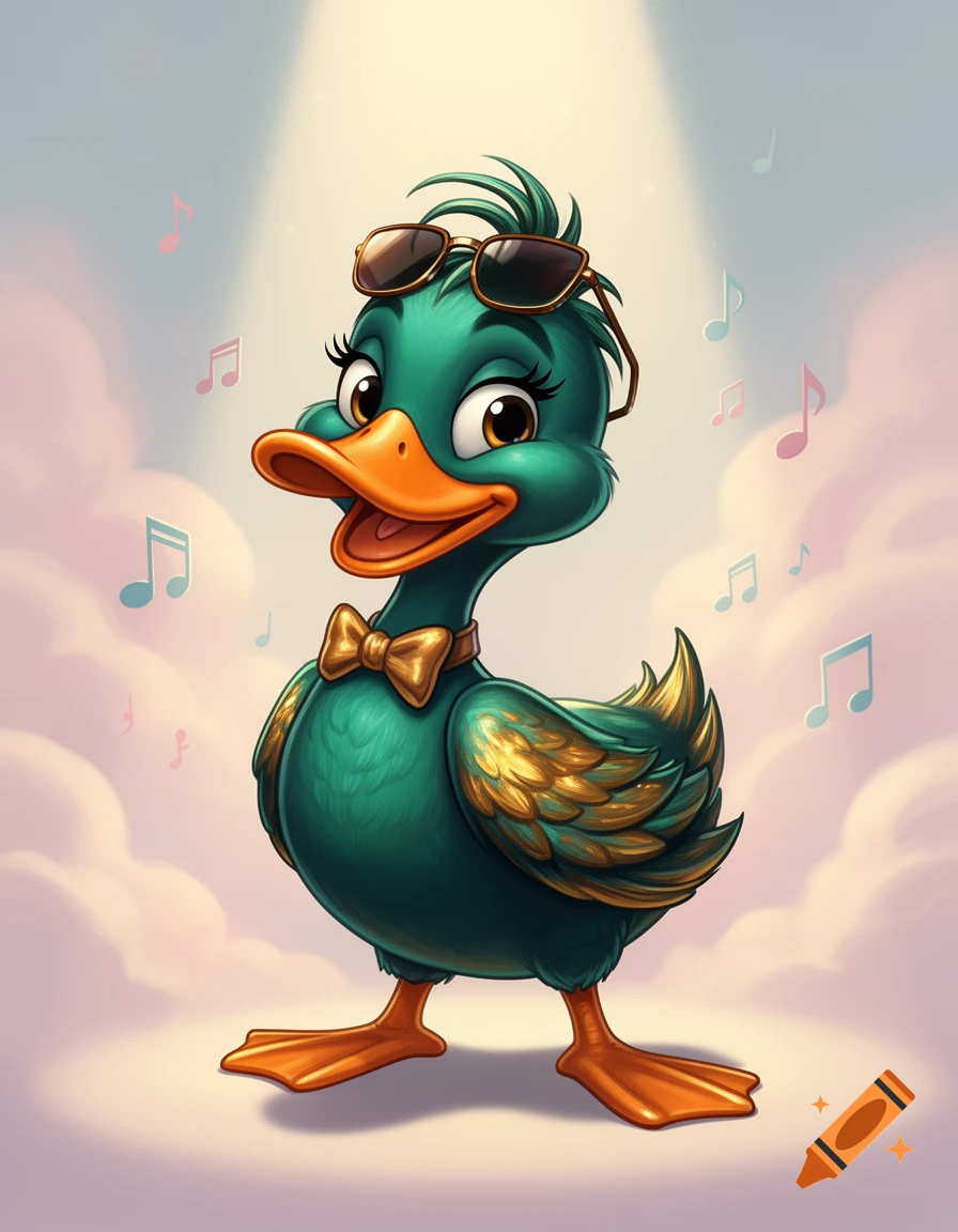 A cheerful cartoon duck wearing sunglasses and a gold bow tie stands under a spotlight with musical notes.