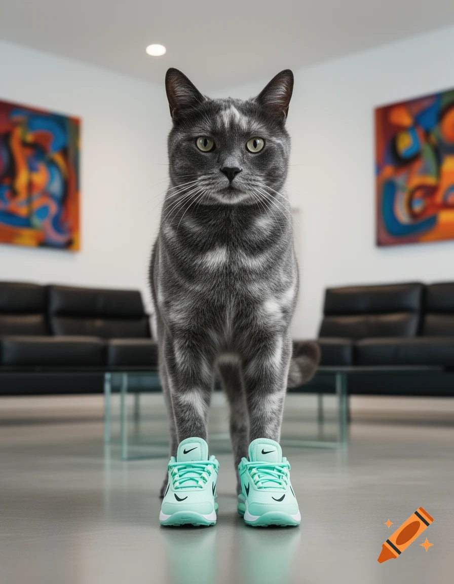 A photorealistic grey cat stands in a modern room, looking directly forward while wearing mint green Nike sneakers.