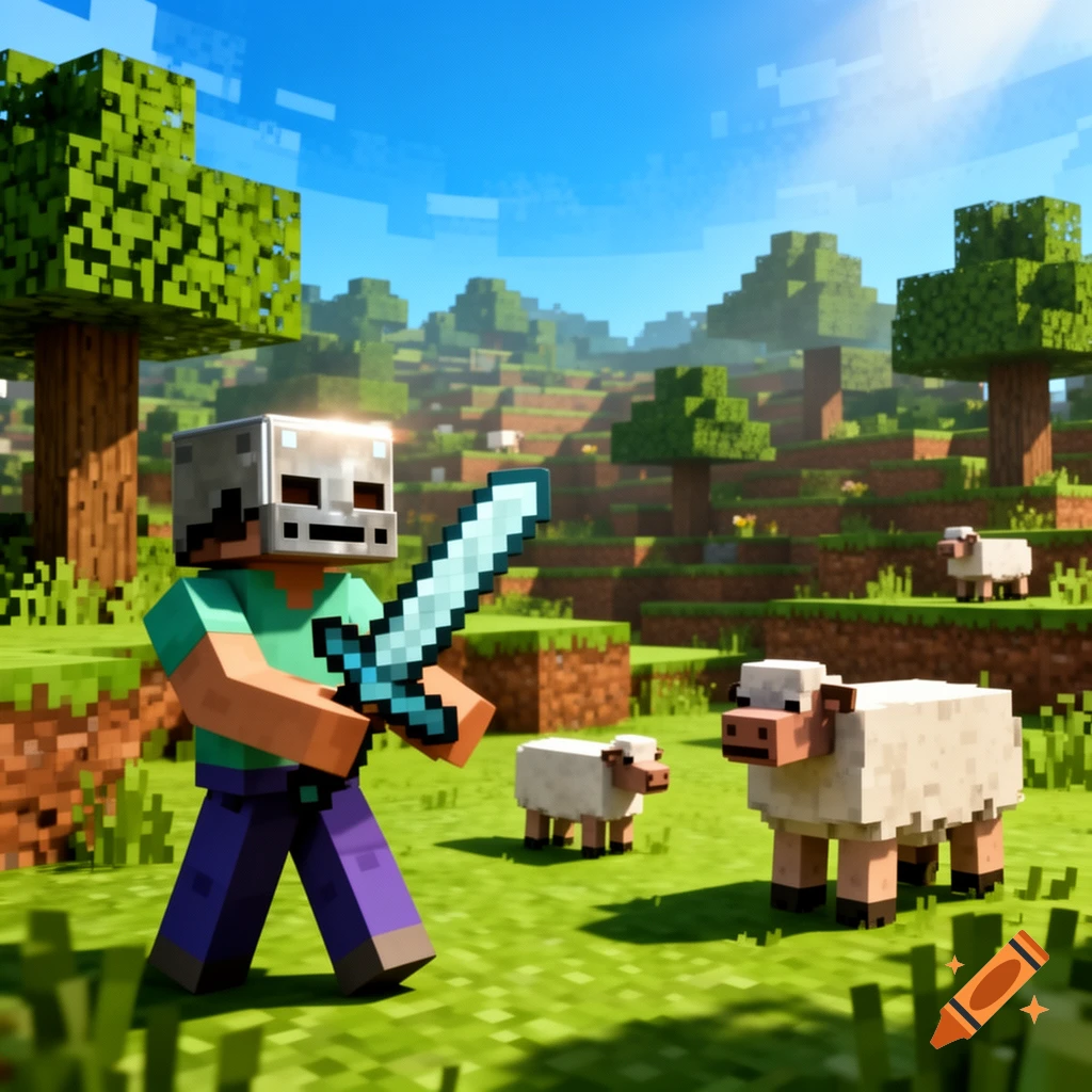 A blocky character in a skeleton helmet holding a sword stands in a sunny Minecraft landscape with sheep.
