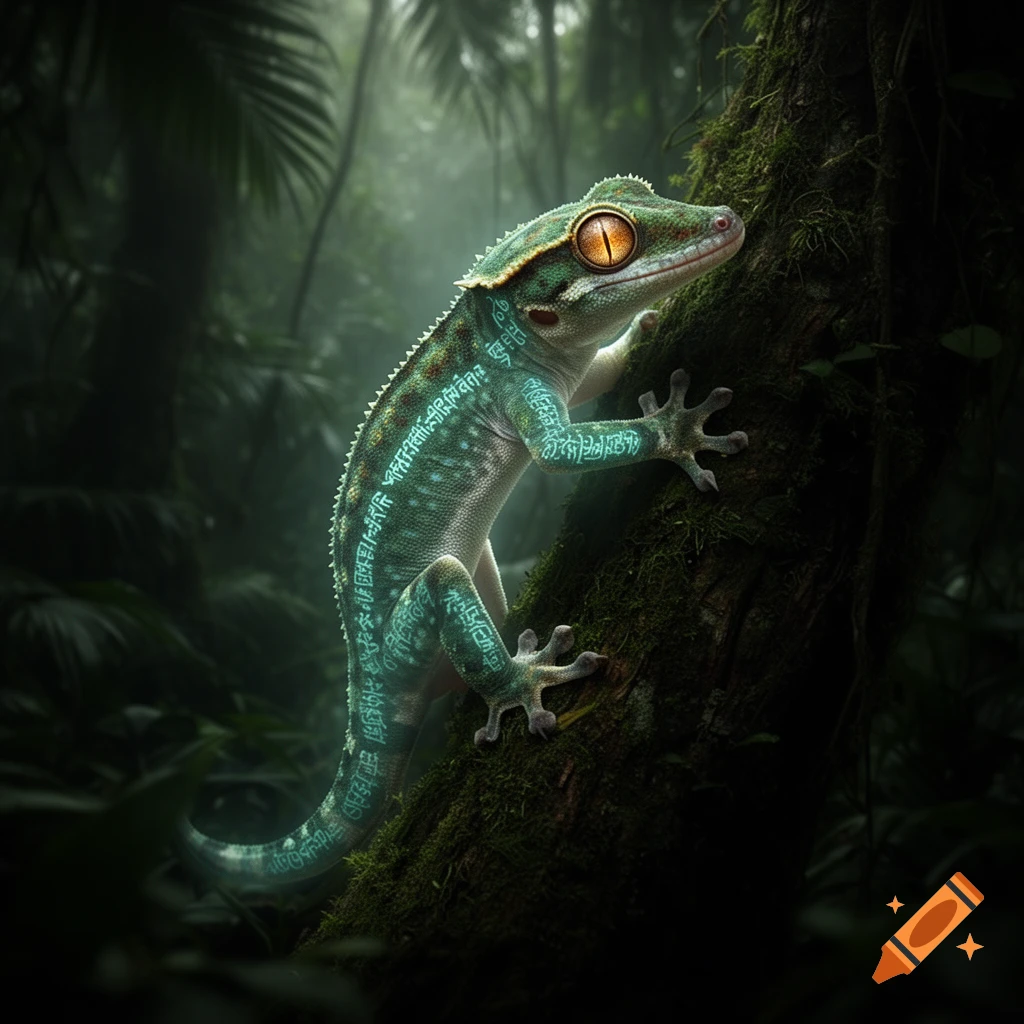 A teal and green crested gecko with glowing, intricate symbols on its skin climbs a mossy tree trunk in a dark, lush jungle.