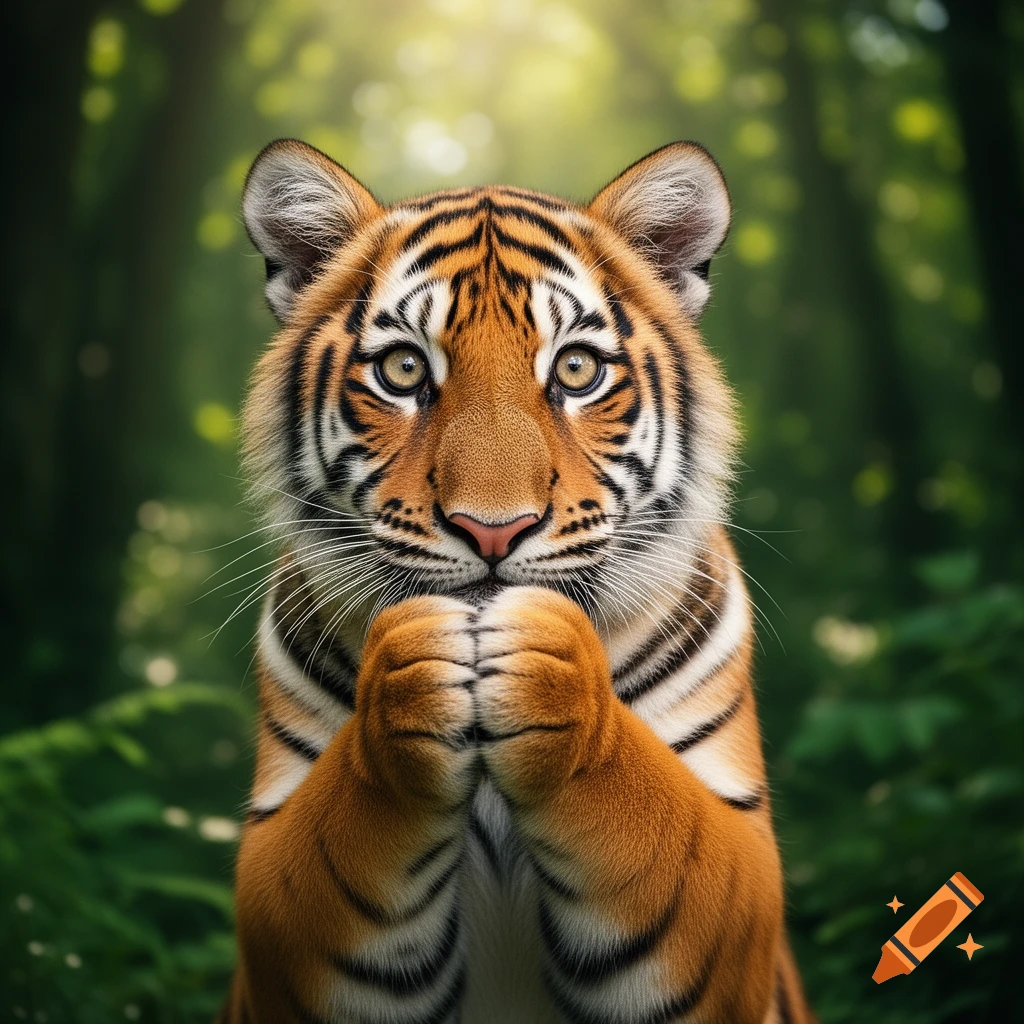 A close-up, photorealistic portrait of a cute tiger cub looking at the viewer with its paws clutched together in a forest.