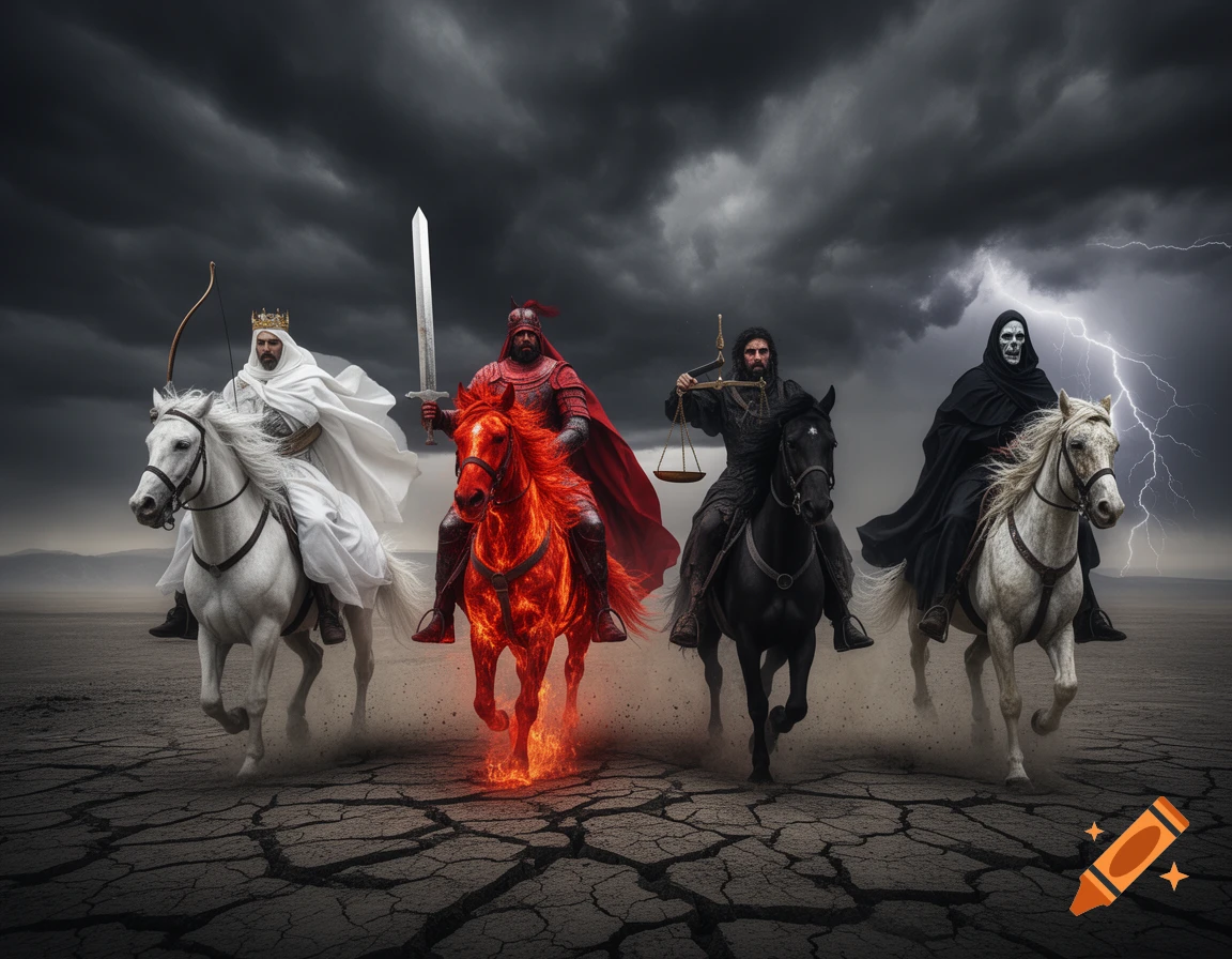 Four Apocalyptic Horsemen ride across cracked earth under a stormy sky with lightning, depicting Conquest, War, Famine, and Death.