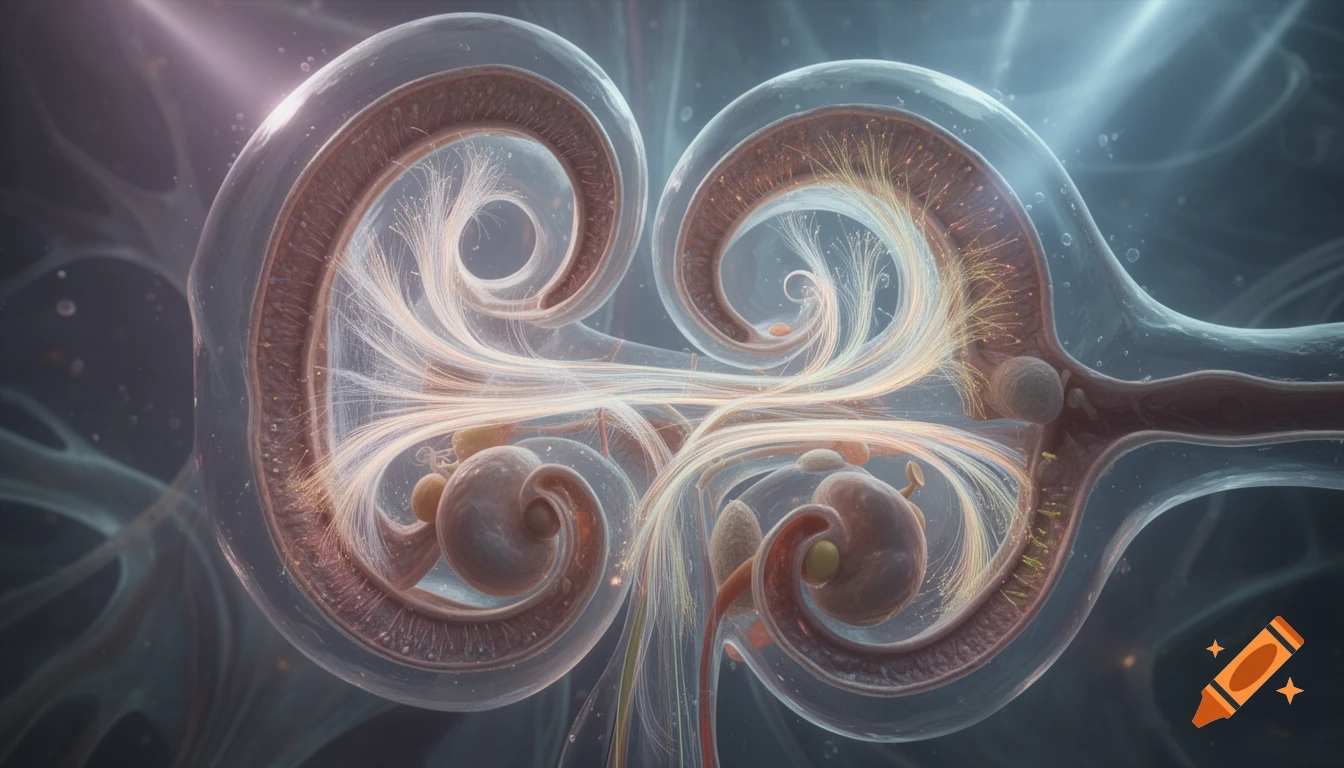 A cinematic microscopic view of the human inner ear, showing giant semicircular canals, utricle, saccule, transparent fluid, and glowing sensory hair cells in a detailed biological environment.