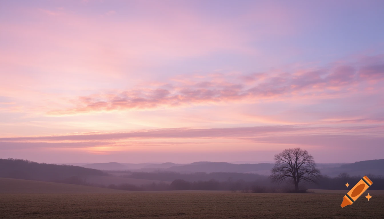 A lone tree stands in a field under a dreamy pastel pink and purple sky at sunset, with rolling hills in the background.