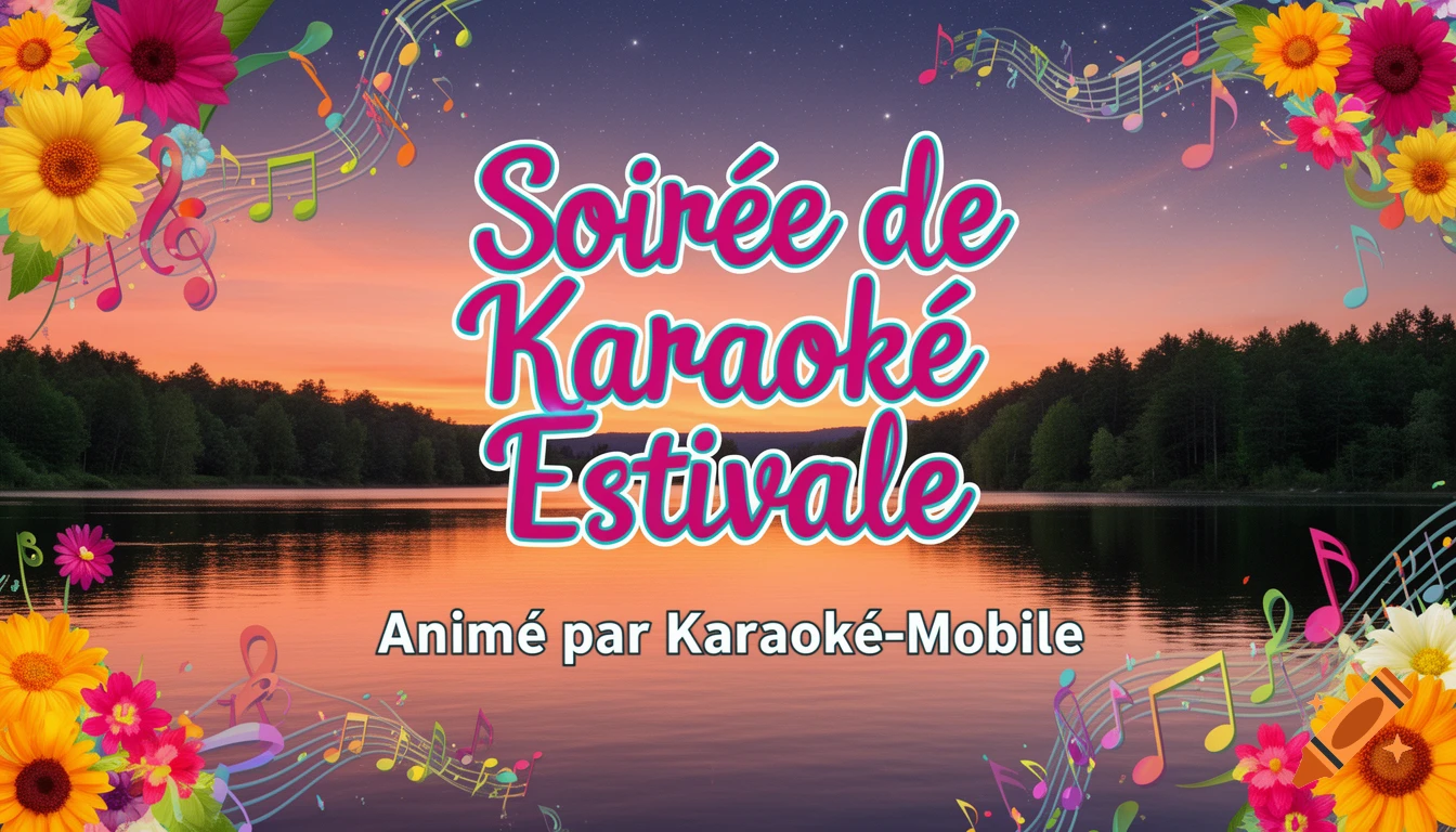 A vibrant poster for a summer karaoke night, featuring bold text, musical notes, and colorful flowers, set against a sunset over a calm lake.