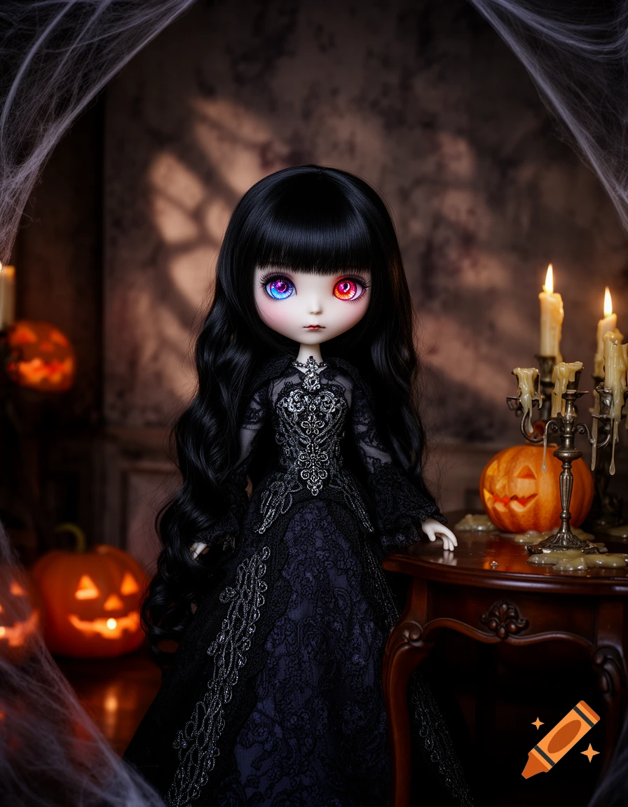A gothic doll with long black hair and mismatched blue and red eyes wears a black lace dress in a Halloween scene with jack-o'-lanterns and cobwebs.