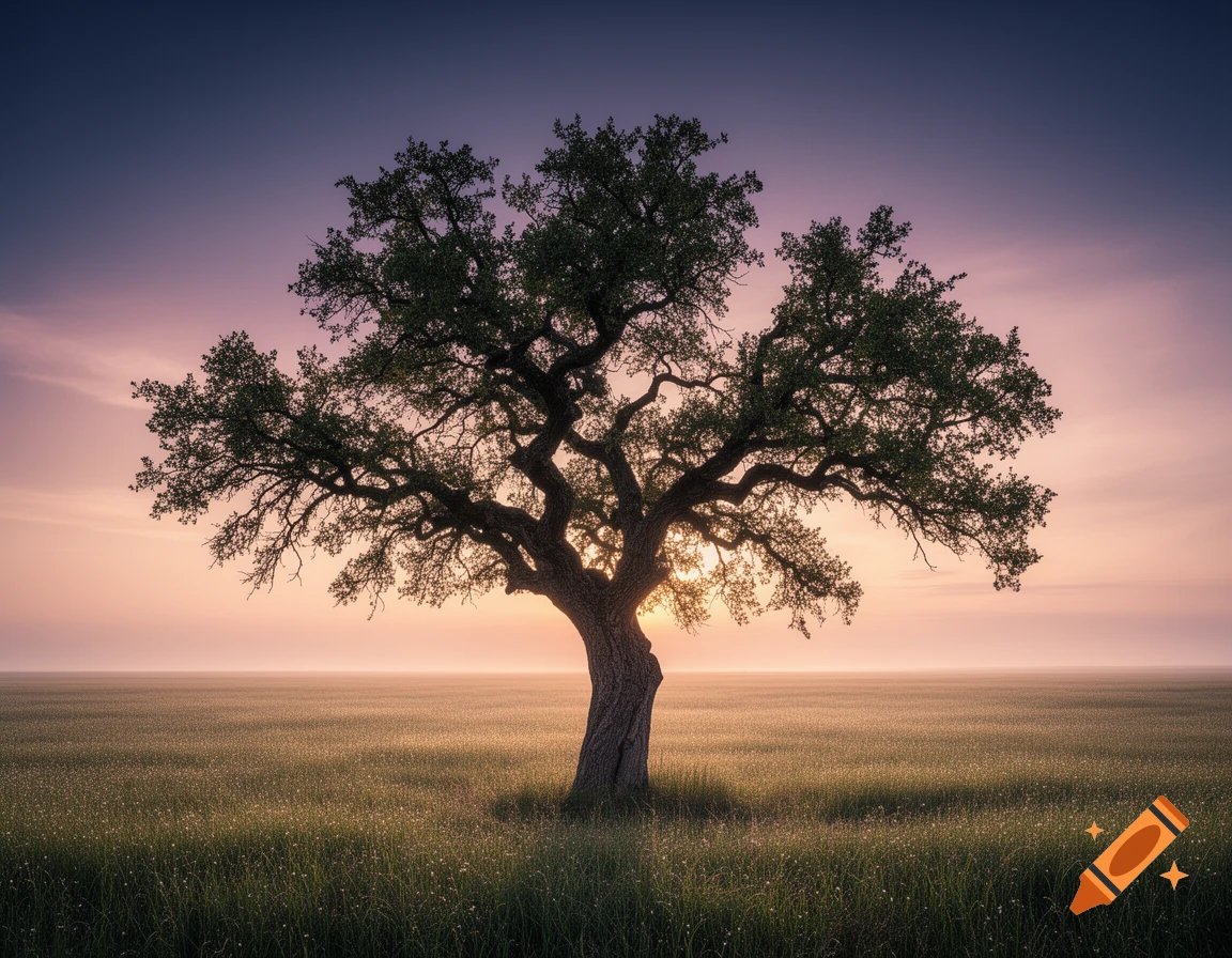 A solitary, gnarled tree stands silhouetted in a vast grassy field against a soft purple and orange sunrise sky.