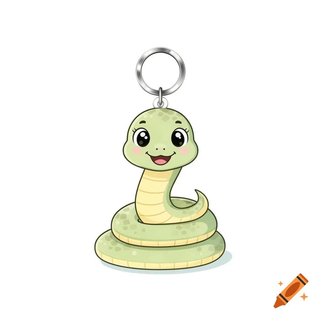 A cute green cartoon snake keychain with a metal ring on top.