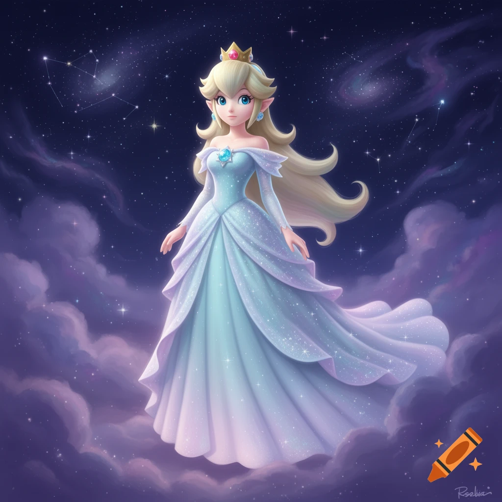 Princess Rosalina floats gracefully in a sparkling light blue gown against a cosmic background with stars and purple clouds.