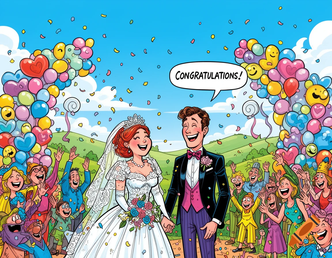 A joyful cartoon wedding scene with a smiling bride and groom holding hands, surrounded by a cheering crowd and colorful balloons and confetti, with a speech bubble saying "Congratulations!"