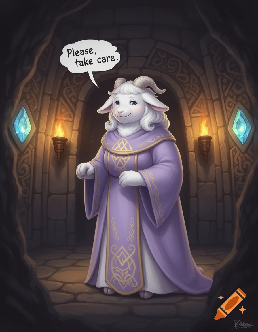 A furry, white goat-like creature in a purple robe stands in a stone dungeon, saying "Please, take care."