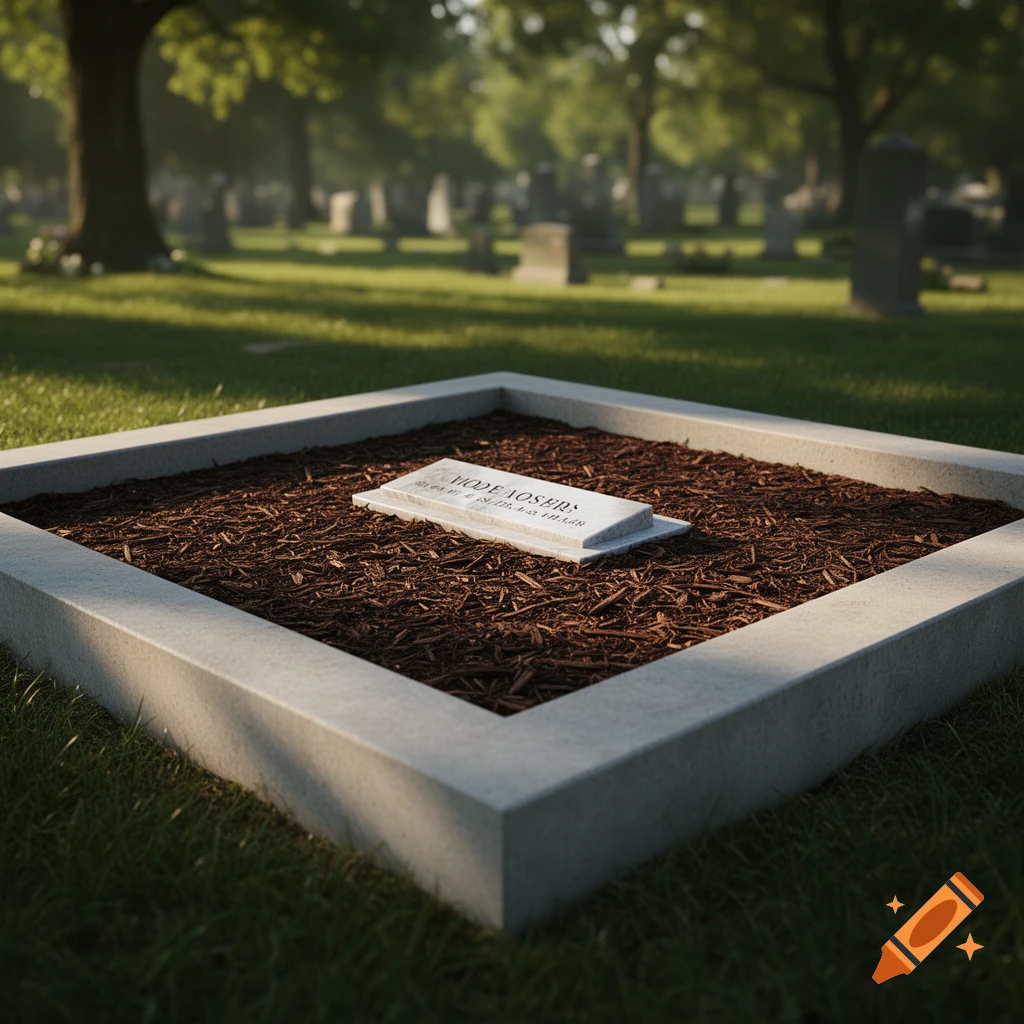 A small white gravestone rests on a bed of dark bark mulch, enclosed by a light gray concrete border in a sunny cemetery with trees in the background.