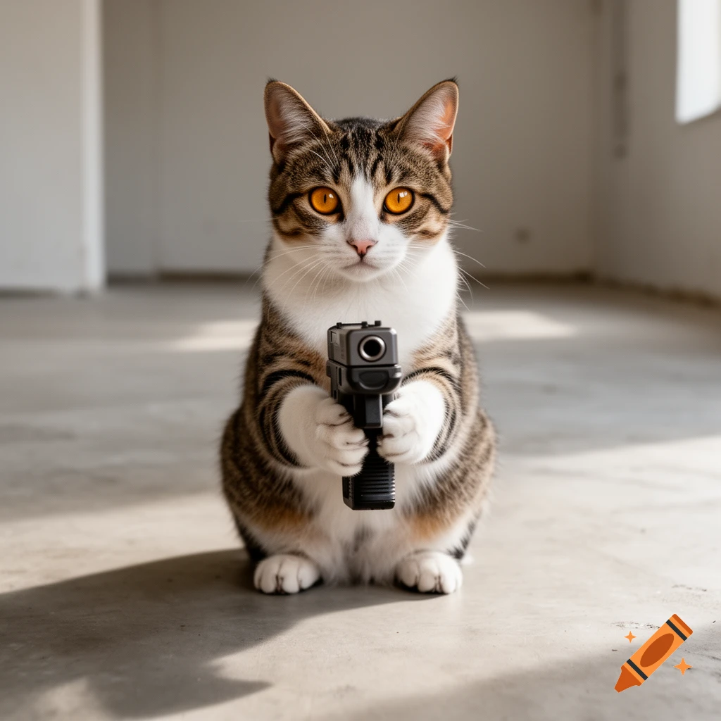 A tabby cat with bright orange eyes holds a black handgun, looking directly at the viewer in a sparse, empty room.