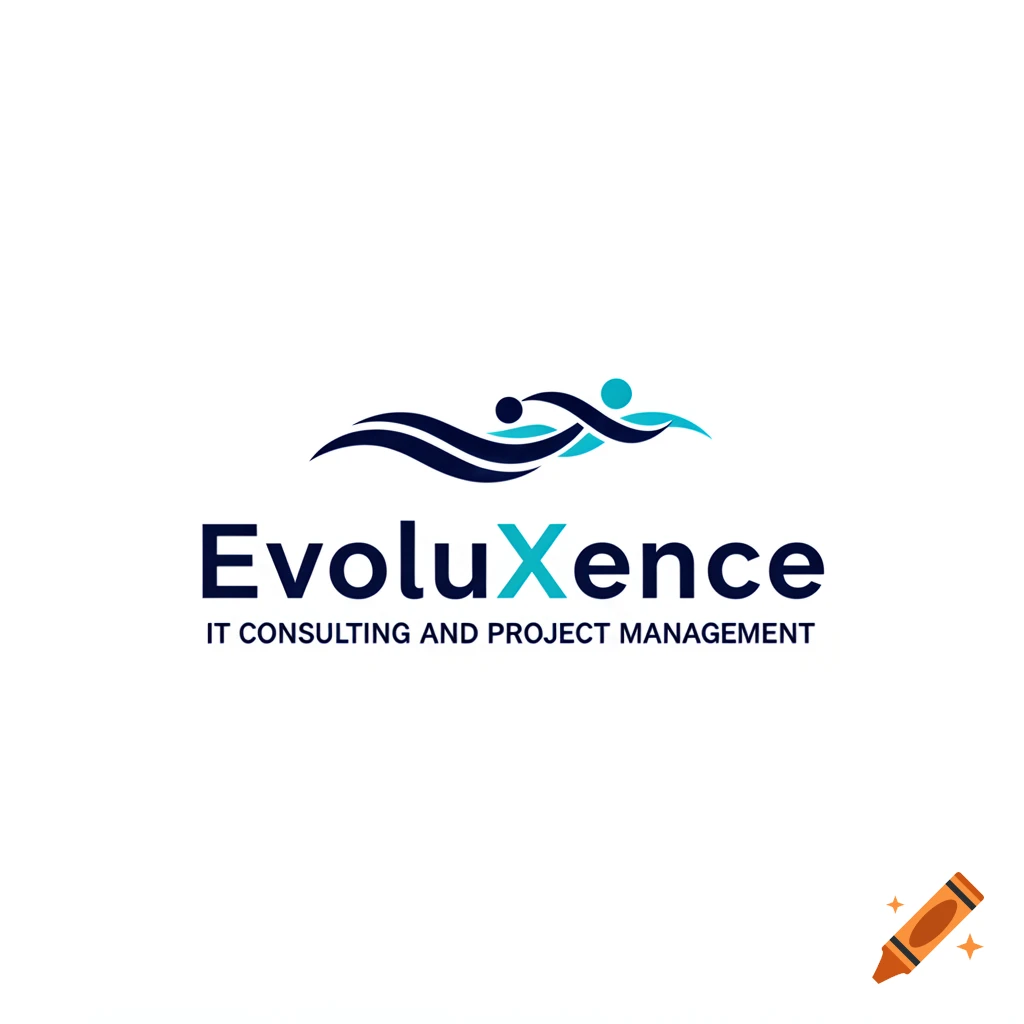 Logo for EvoluXence IT Consulting and Project Management, featuring two abstract human figures forming a wave in dark blue and turquoise.
