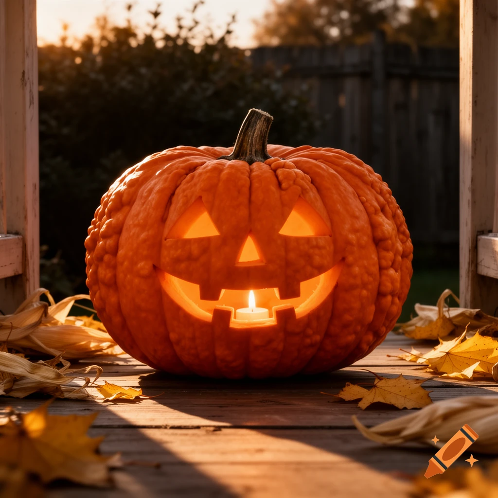 Photorealistic jack-o'-lantern with a lit candle, surrounded by autumn leaves on a wooden porch at sunset.
