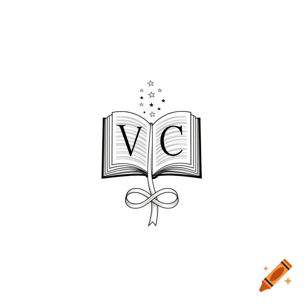 Minimalist black line art emblem of an open book with 'V' and 'C' initials, a ribbon forming an infinity sign, and stars above, on a white background.