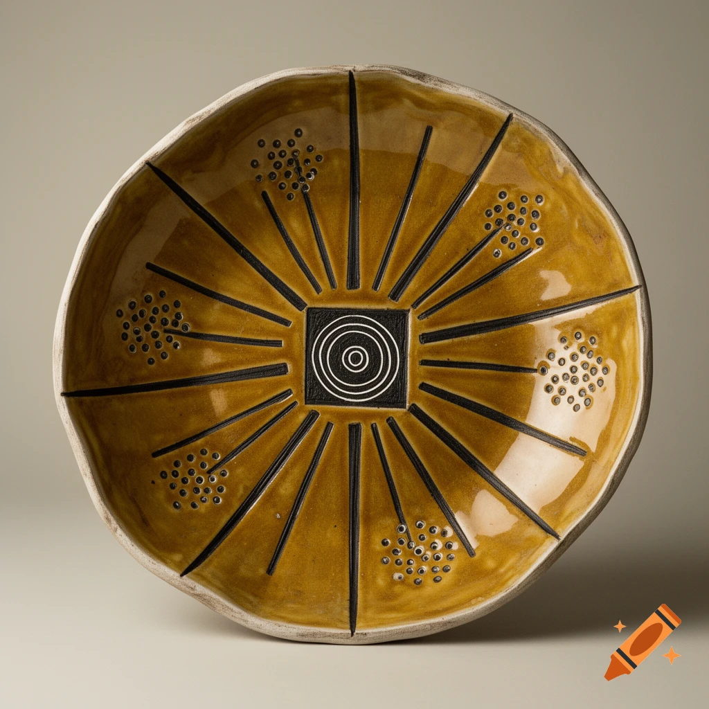 A wobbly mustard yellow ceramic platter with black radiating lines and a central black square containing white concentric circles, plus dot patterns.
