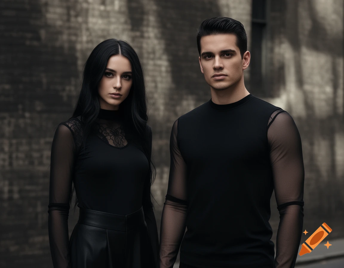 A photorealistic portrait of a man and woman with dark hair, wearing matching black sheer-sleeved gothic outfits, standing against a textured wall.