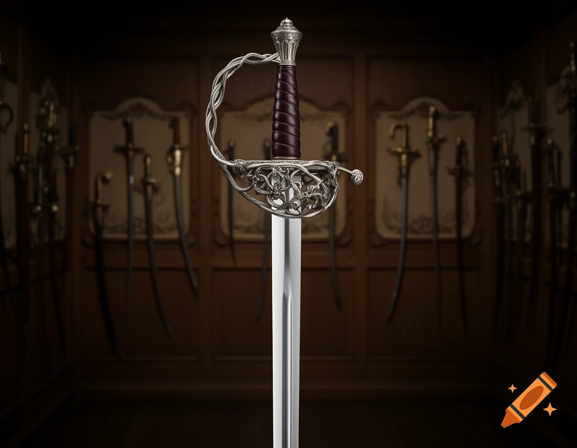 A close-up, photorealistic shot of an ornate rapier with a silver hilt and dark leather grip, displayed in a dimly lit armory.